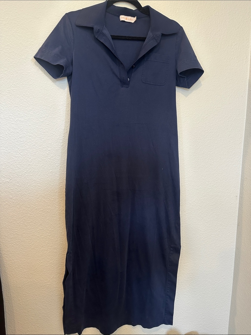 Tory Burch Navy Midi Dress Collared Button Front Slit Minimal Classic Small